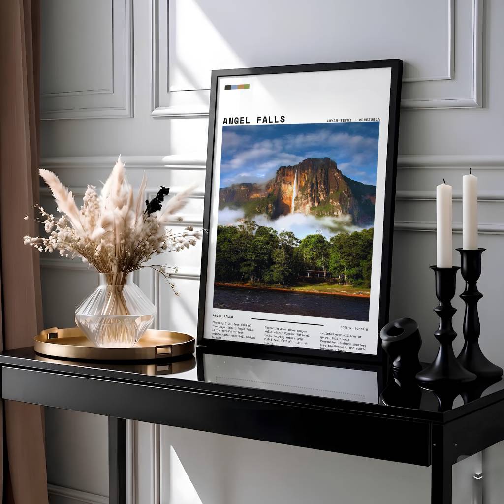 Editorial style travel poster of Angel Falls showcasing a color palette swatch bar, geographic coordinates, and narrative text blocks. Presented by MapYourDreams, this piece comes in flexible choices such as unframed paper stock, custom frames, and gallery canvas wraps.