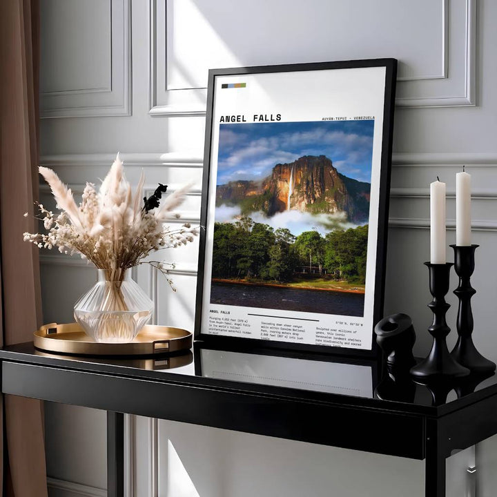Editorial style travel poster of Angel Falls showcasing a color palette swatch bar, geographic coordinates, and narrative text blocks. Presented by MapYourDreams, this piece comes in flexible choices such as unframed paper stock, custom frames, and gallery canvas wraps.
