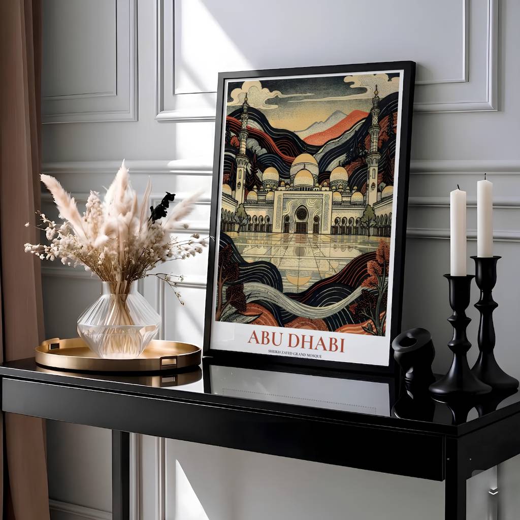 Symmetrical Sheikh Zayed Grand Mosque facade illustrated in woodblock artistic style with stylized sky and clouds. Designed by MapYourDreams, this artwork is available in flexible options including unframed paper, custom wooden frames, and gallery canvas wraps for home wall art.