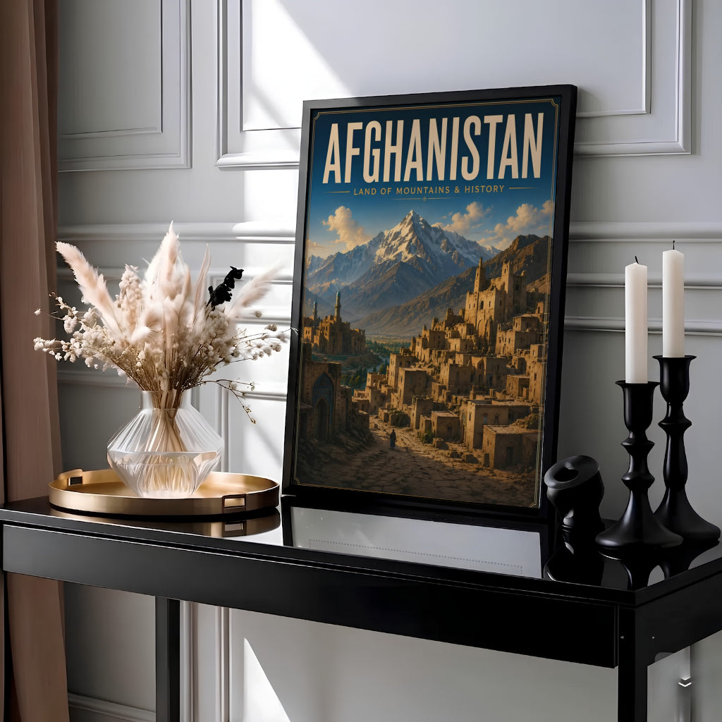 Historic travel poster wall art of an ancient Afghan citadel nestled against high mountain peaks in Afghanistan, crafted by MapYourDreams as an unframed art print, ready to hang gallery canvas, or framed wall decor in pure gold, silver, and white frames for gallery display.