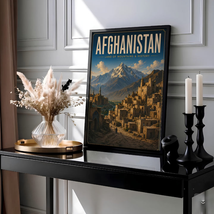 Historic travel poster wall art of an ancient Afghan citadel nestled against high mountain peaks in Afghanistan, crafted by MapYourDreams as an unframed art print, ready to hang gallery canvas, or framed wall decor in pure gold, silver, and white frames for gallery display.