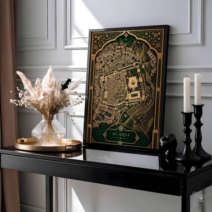 Historical map poster depicting Al Aqsa Compound in Jerusalem Old City with elegant Islamic arabesque filigree. Presented by MapYourDreams, this artwork is available in flexible options including unframed paper, custom wooden frames, and gallery canvas wraps for living room art.
