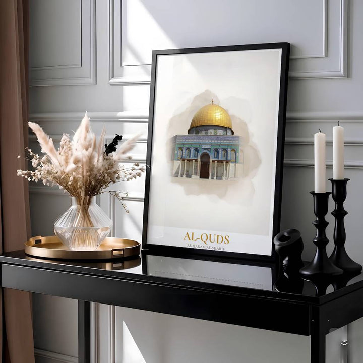 Minimalist architecture print of Jerusalem Al Aqsa compound highlighting the brilliant gold dome and arches. Produced by MapYourDreams, this artwork is available in flexible options including unframed paper, custom wooden frames, and gallery canvas wraps for office wall decor.