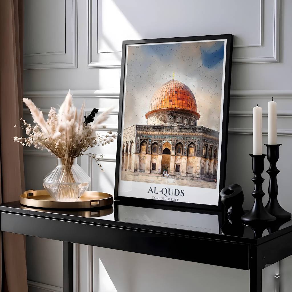 Detailed watercolor painting of Al-Haram Al-Sharif Dome of the Rock in Jerusalem Palestine with classic Al-Quds typography. Presented by MapYourDreams, this artwork is available in flexible options including unframed paper, custom wooden frames, and gallery canvas wraps for living room art.