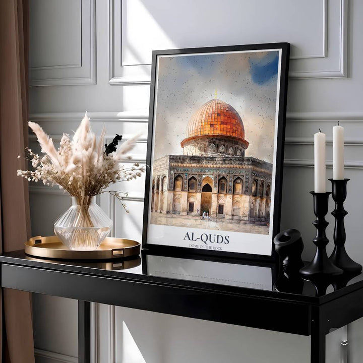 Detailed watercolor painting of Al-Haram Al-Sharif Dome of the Rock in Jerusalem Palestine with classic Al-Quds typography. Presented by MapYourDreams, this artwork is available in flexible options including unframed paper, custom wooden frames, and gallery canvas wraps for living room art.