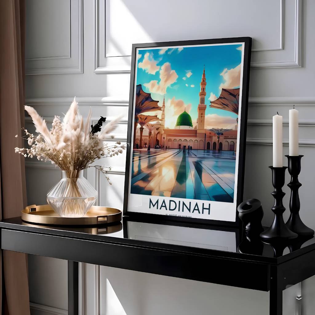 Madinah Al-Masjid An-Nabawi artwork featuring central Green Dome, towering minaret, and polished plaza floor reflections. Presented by MapYourDreams, this artwork is available in flexible options including unframed paper, custom wooden frames, and gallery canvas wraps for living room art.