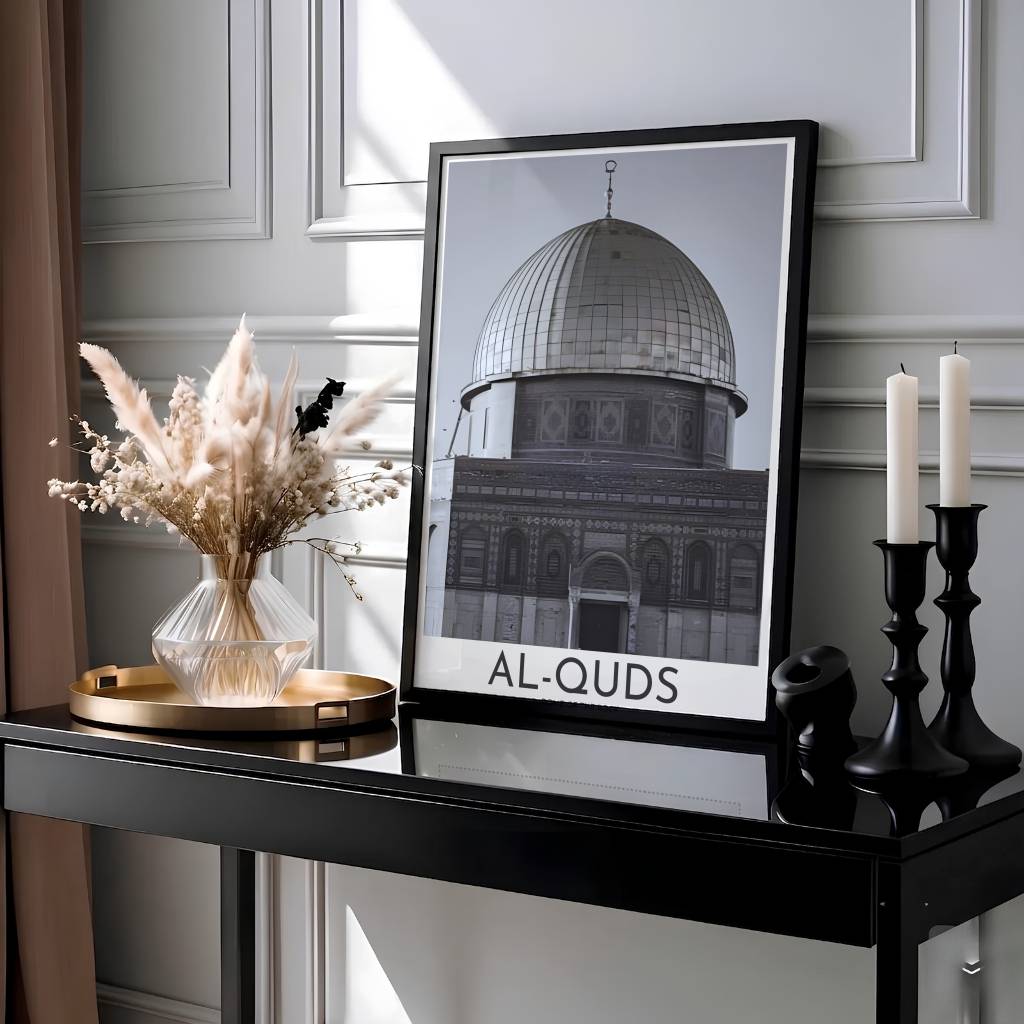 Minimalist monochrome art print of Jerusalem Al Quds sanctuary highlighting the structural dome and clerestory windows. Produced by MapYourDreams, this artwork is available in flexible options including unframed paper, custom wooden frames, and gallery canvas wraps for office wall decor.