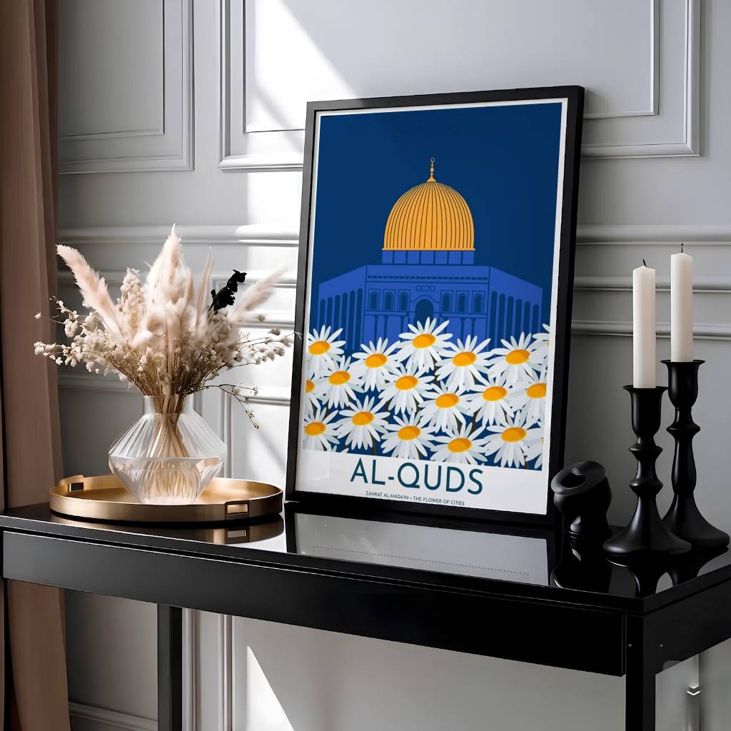 Graphic floral artwork of Al Quds Jerusalem Palestine with golden dome silhouette and field of white daisies. Presented by MapYourDreams, this artwork is available in flexible options including unframed paper, custom wooden frames, and gallery canvas wraps for living room art.