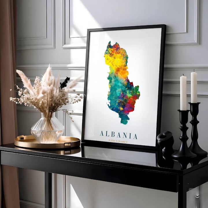 This vibrant watercolor wall art print showcases Albania in expressive yellow, turquoise, and red hues with clean cartographic typography. Offered by MapYourDreams, this artwork is available in flexible options including unframed paper, custom wooden frames, and gallery canvas wraps.