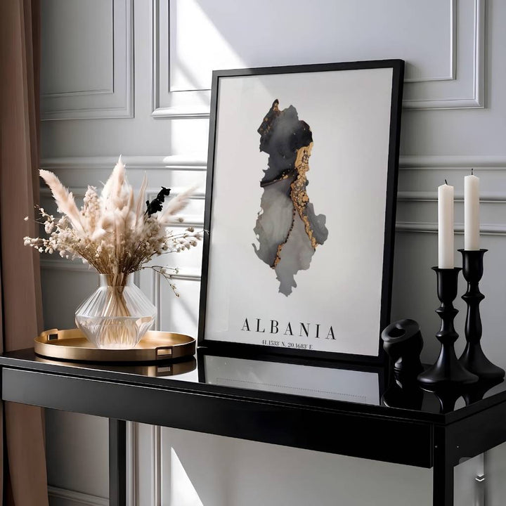 This black and gold abstract wall art print showcases Albania with fluid marble textures and elegant serif cartographic typography for your home. Offered by MapYourDreams, this artwork is available in flexible options including unframed paper, custom wooden frames, and gallery canvas wraps.