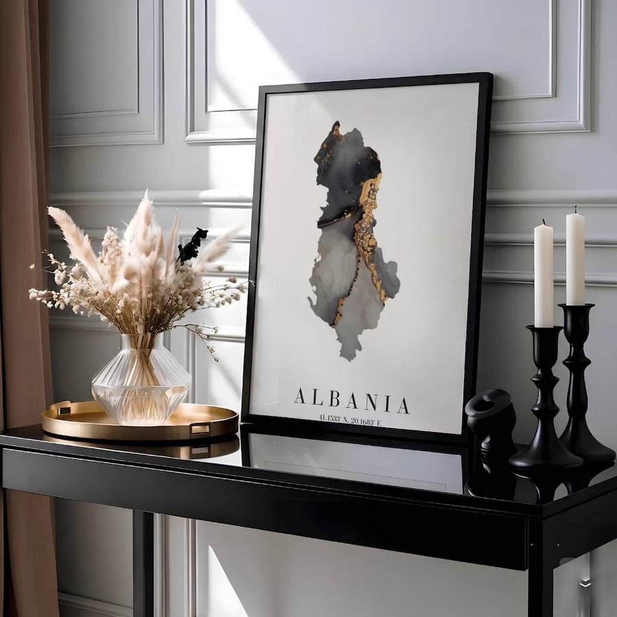 This black and gold abstract wall art print showcases Albania with fluid marble textures and elegant serif cartographic typography for your home. Offered by MapYourDreams, this artwork is available in flexible options including unframed paper, custom wooden frames, and gallery canvas wraps.
