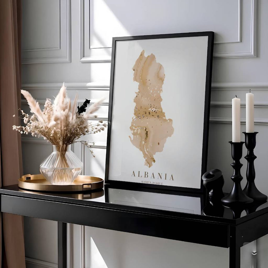 This warm beige and gold abstract wall art print showcases Albania with fluid marble textures and elegant serif cartographic typography for your home. Offered by MapYourDreams, this artwork is available in flexible options including unframed paper, custom wooden frames, and gallery canvas wraps.