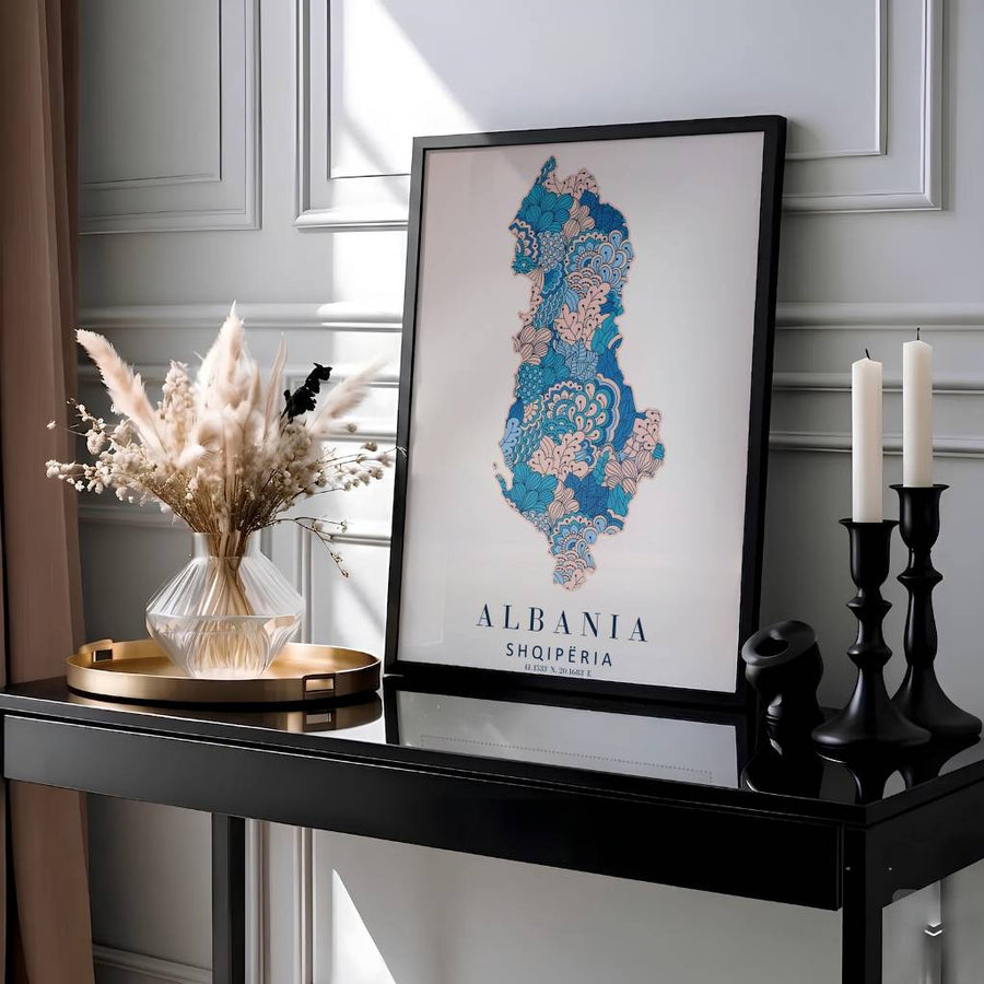 This blue and pink botanical wall art print showcases Albania with detailed mandala and leaf patterns for an inviting decorative gallery accent. Offered by MapYourDreams, this artwork is available in flexible options including unframed paper, custom wooden frames, and gallery canvas wraps.