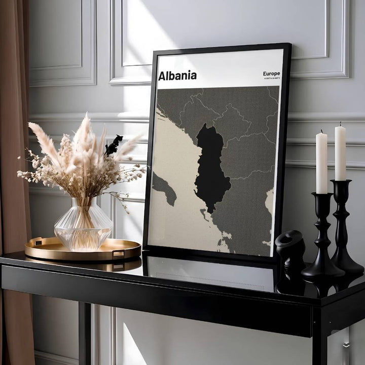 This high-contrast regional wall art print showcases Albania surrounded by Balkan nations with modern sans-serif cartographic typography for your home. Offered by MapYourDreams, this artwork is available in flexible options including unframed paper, custom wooden frames, and gallery canvas wraps.