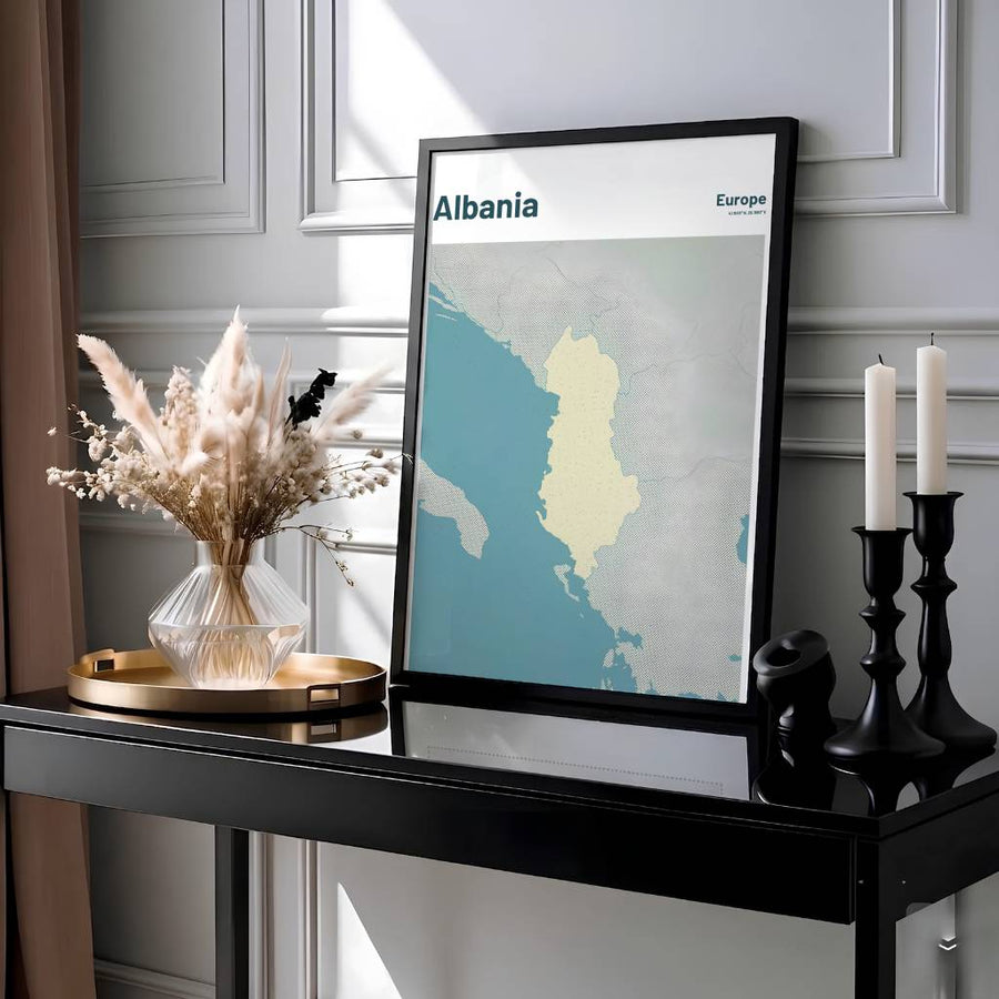 This coastal teal regional wall art print showcases Albania surrounded by Balkan nations with modern sans-serif cartographic typography for your home. Offered by MapYourDreams, this artwork is available in flexible options including unframed paper, custom wooden frames, and gallery canvas wraps.