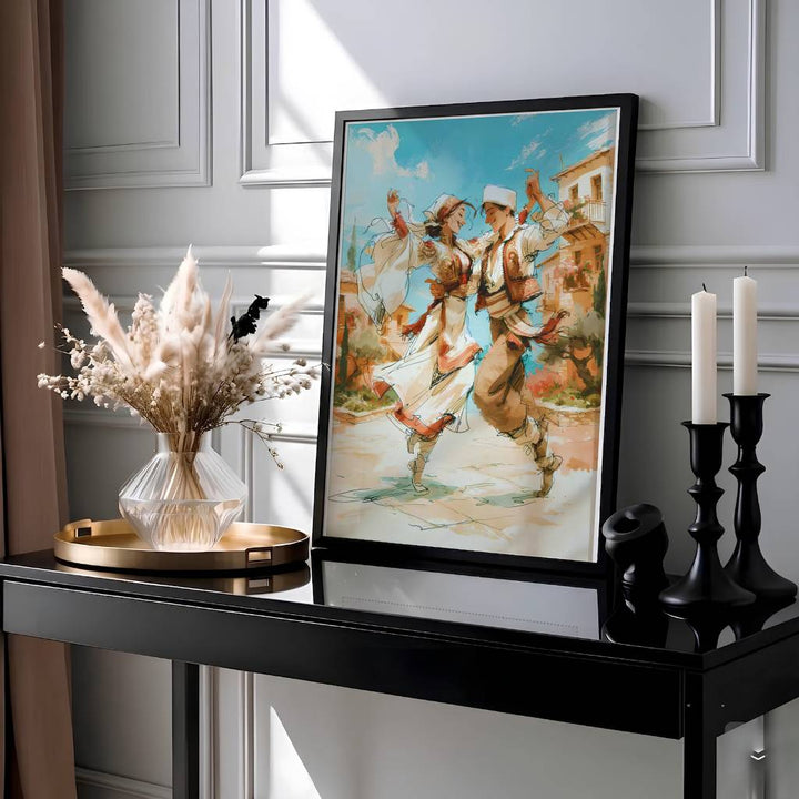 This vibrant cultural wall art print showcases the traditional Albanian Valle dance with fluid painterly linework and warm terracotta village architecture. Offered by MapYourDreams, this artwork is available in flexible options including unframed paper, custom wooden frames, and gallery canvas wraps.