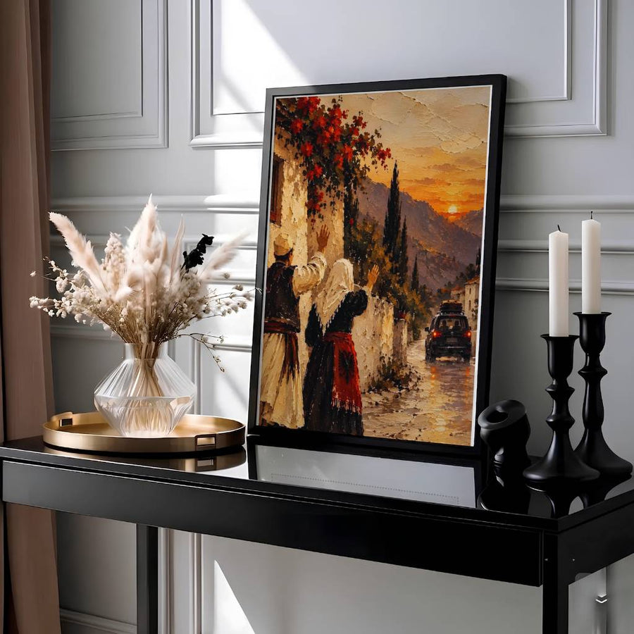 This nostalgic cultural wall art print showcases traditional Albanian village life with textured impasto brushstrokes and glowing sunset mountain architecture for your home. Offered by MapYourDreams, this artwork is available in flexible options including unframed paper, custom wooden frames, and gallery canvas wraps.