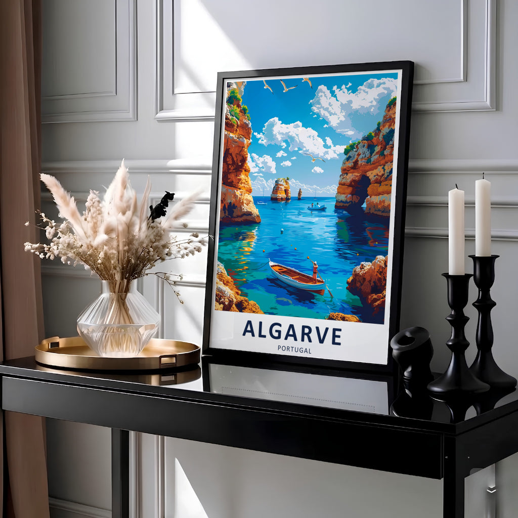 Expressive vector details capture sunlit orange cliffs and deep blue ocean reflections in this Portugal wall art design celebrating the Benagil coast. Order as a gallery wrapped canvas, framed print, or unframed poster.