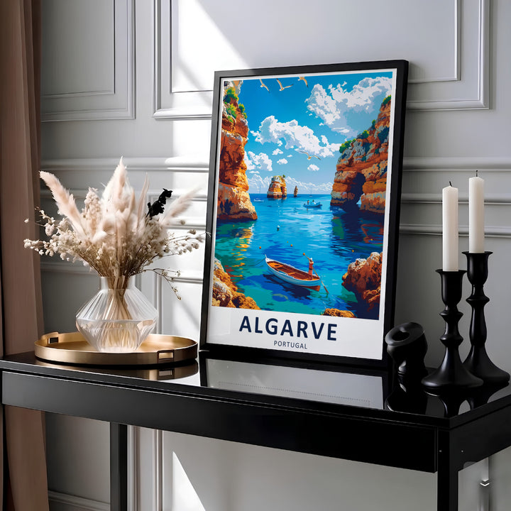Expressive vector details capture sunlit orange cliffs and deep blue ocean reflections in this Portugal wall art design celebrating the Benagil coast. Order as a gallery wrapped canvas, framed print, or unframed poster.