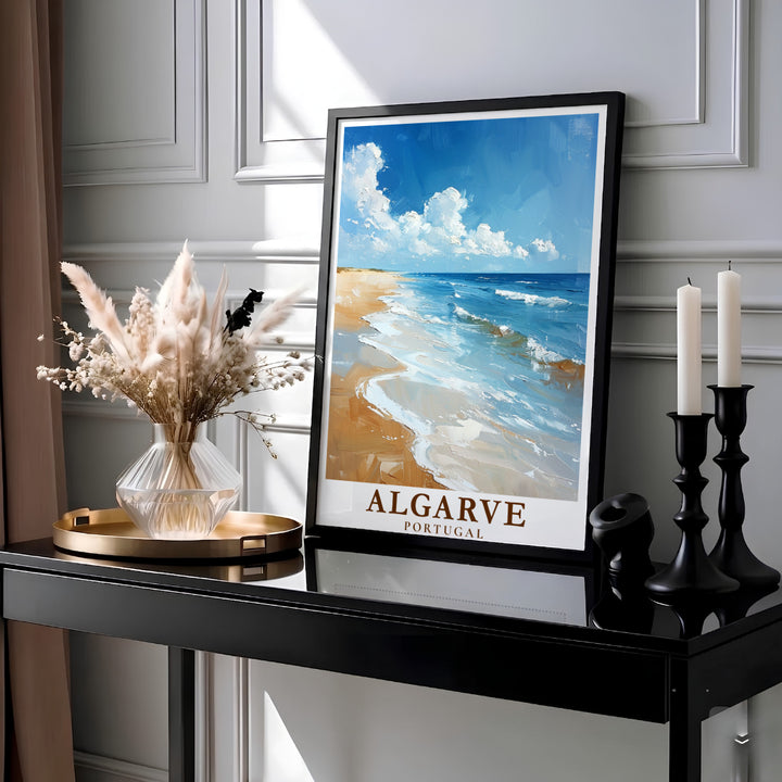 Puffy white cumulus clouds drift over azure waters at Algarve Beach, Portugal in this fine wall poster. MapYourDreams provides archival framed, unframed, and canvas print options perfect for living room wall decor.
