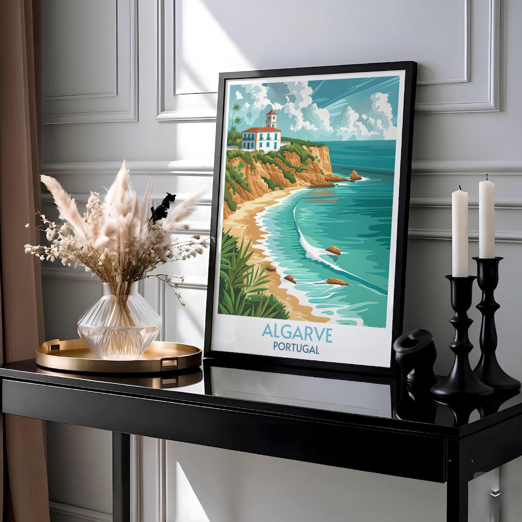 Waves gently break along a picturesque cove in Southern Portugal in this Algarve beach poster, rendered in a vintage graphic style and offered framed in natural wood or as an unframed print.