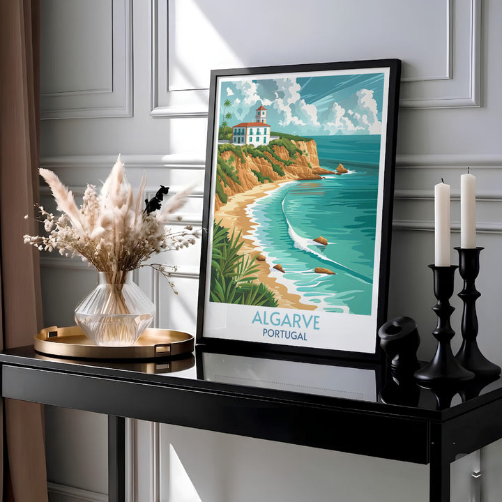 Waves gently break along a picturesque cove in Southern Portugal in this Algarve beach poster, rendered in a vintage graphic style and offered framed in natural wood or as an unframed print.
