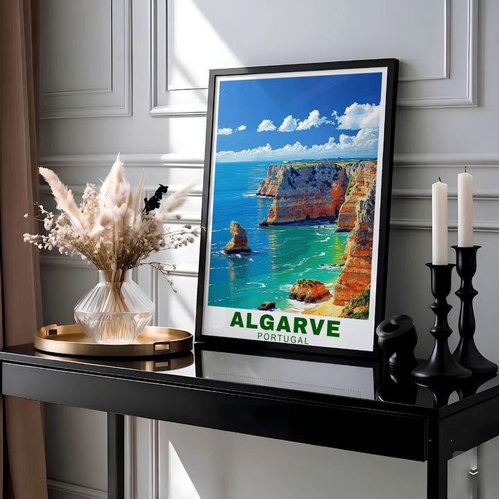 Deep blue ocean tides lap against secluded sandy beaches at Algarve Cliffs, Portugal in this wall poster. MapYourDreams provides archival framed, unframed, and canvas print options perfect for living room decor.