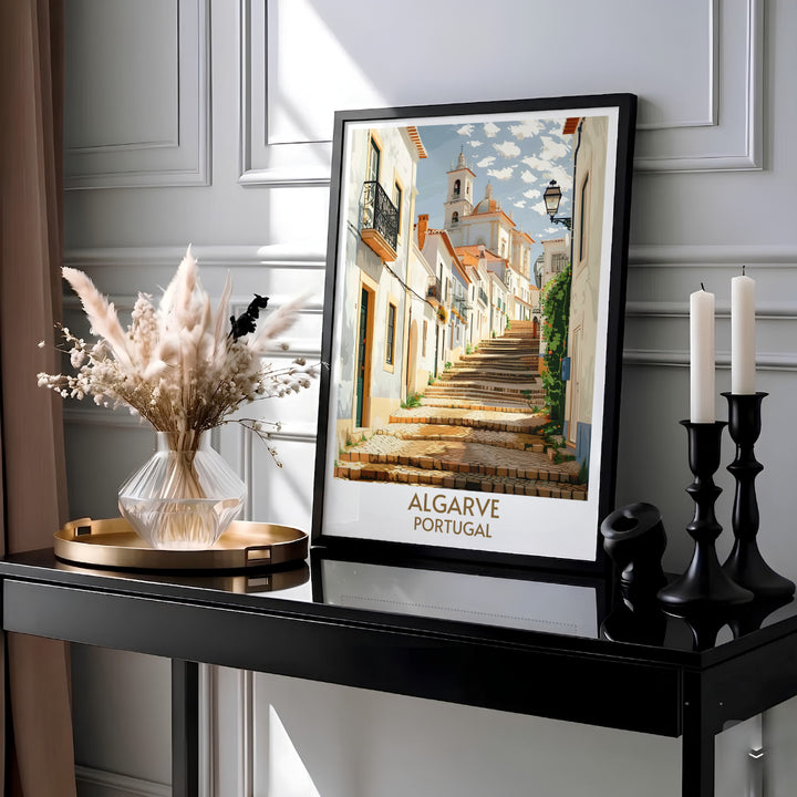 Terracotta roof tiles and climbing green ivy accent historic alleyways at Faro Old Town, Portugal in this wall poster. MapYourDreams provides archival framed, unframed, and canvas print options for living room decor.