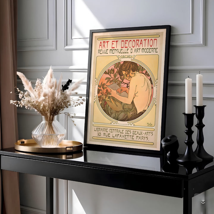 Classic Belle Époque studio print Art Et Decoration by artist Alphonse Mucha depicting foliage and sunset sky set at 13 Rue Lafayette Paris. MapYourDreams provides custom fine art framed, unframed, and canvas print formats.