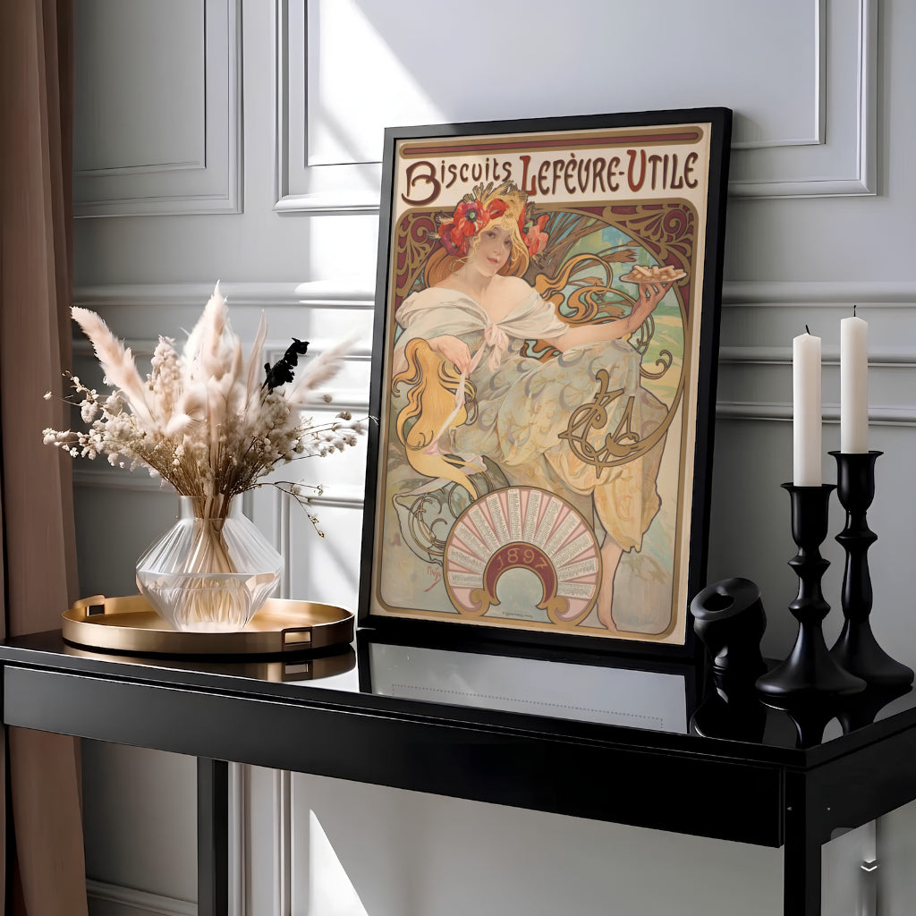 Alphonse Mucha museum exhibition poster Biscuits Lefevre Utile by artist Alphonse Mucha featuring burgundy typography in Nantes France. MapYourDreams features high-quality framed, unframed, and stretched canvas print choices.