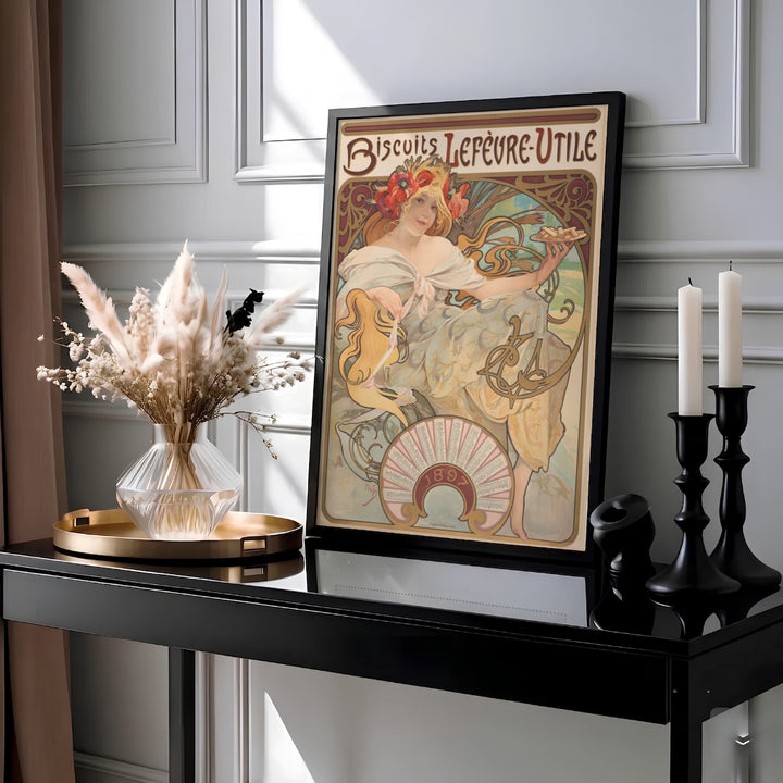 Alphonse Mucha museum exhibition poster Biscuits Lefevre Utile by artist Alphonse Mucha featuring burgundy typography in Nantes France. MapYourDreams features high-quality framed, unframed, and stretched canvas print choices.