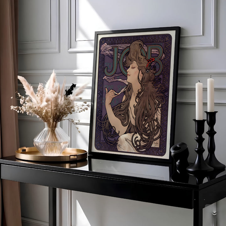 Classic Belle Époque portrait print JOB Cigarette Papers by artist Alphonse Mucha depicting a purple mosaic background set in Paris France. MapYourDreams provides custom fine art framed, unframed, and canvas print formats.