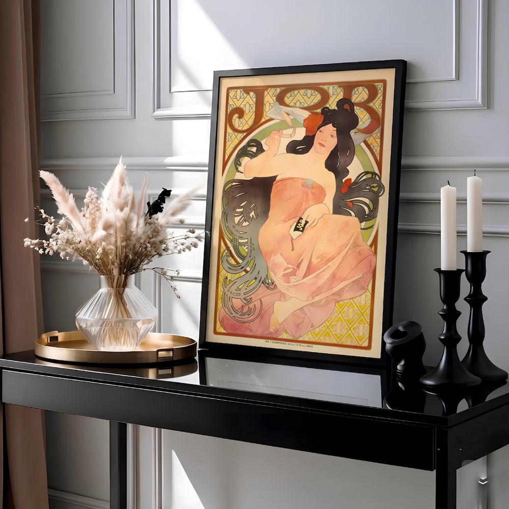 Vintage French advertisement poster JOB Cigarette Papers by artist Alphonse Mucha showing a woman holding a lit cigarette at Boulevard Saint-Michel Paris. Available as unframed prints, gallery canvas, or framed wall decor at MapYourDreams.