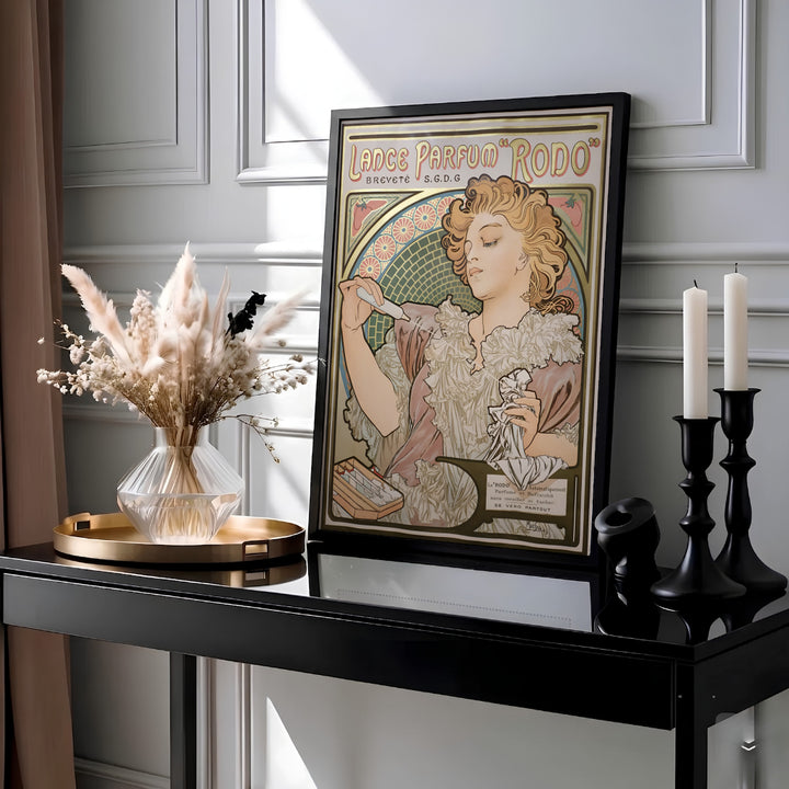 Alphonse Mucha museum exhibition poster Lance Parfum Rodo by artist Alphonse Mucha featuring ornate French typography in Paris France. MapYourDreams features high-quality framed, unframed, and stretched canvas print choices.