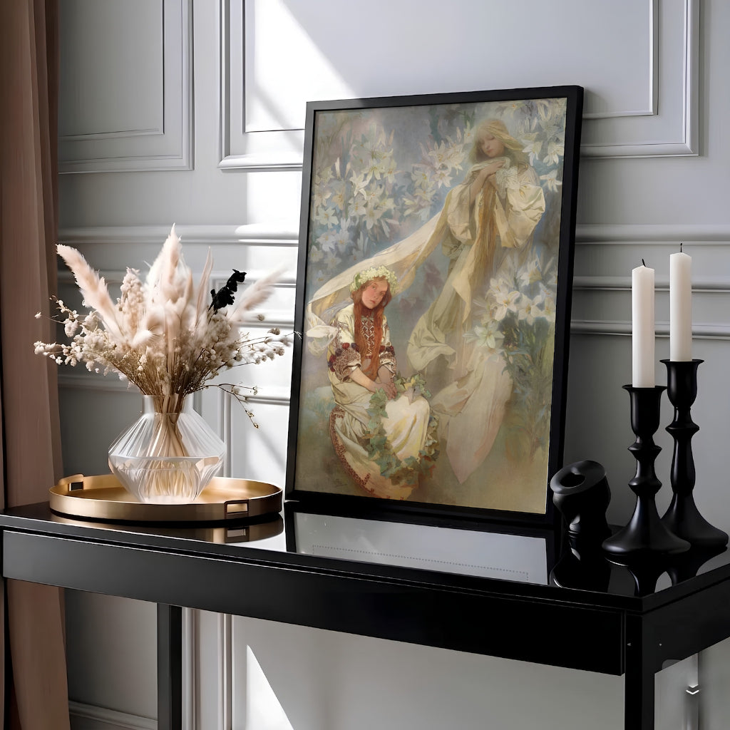 Vintage European spiritual poster Madonna Of The Lilies by artist Alphonse Mucha showing the Virgin Mary in a white veil in Prague Bohemia. Available as unframed prints, gallery canvas, or framed wall decor at MapYourDreams.