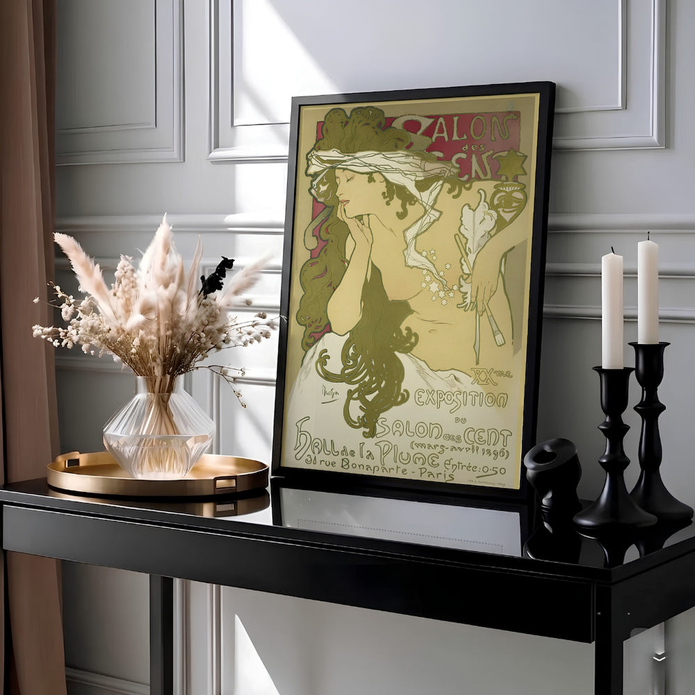 Classic Belle Epoque exhibition print Salon Des Cent by artist Alphonse Mucha featuring flowing whiplash hair at 31 Rue Bonaparte Paris. Offered as unframed prints, gallery canvas, or framed wall decor at MapYourDreams.