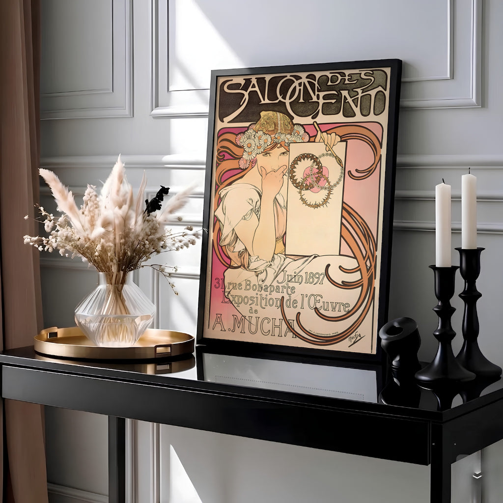 Classic Belle Epoque solo exhibition print Salon Des Cent by artist Alphonse Mucha featuring auburn whiplash hair at 31 Rue Bonaparte Paris. Offered as unframed prints, gallery canvas, or framed wall decor at MapYourDreams.