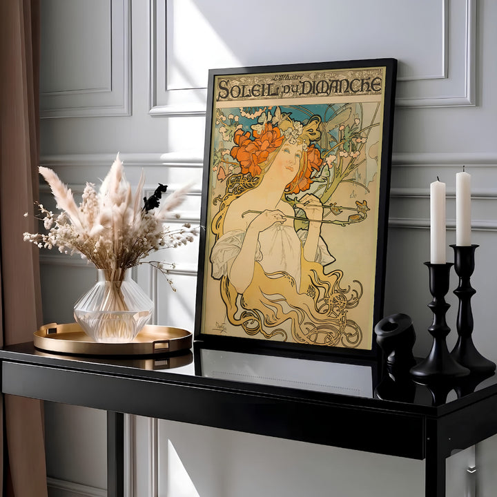 Historic Parisian travel print Soleil Du Dimanche by artist Alphonse Mucha with authentic signature details reflecting Art Nouveau heritage in Paris. Select premium framed, unframed, and canvas wall decor options at MapYourDreams.