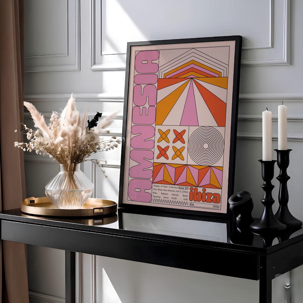 Retro music festival poster depicting stylized 3D star polygons, geometric grids, and 1976 Ibiza venue details, created by MapYourDreams with choices available for an unframed paper print, a ready-to-hang gallery canvas, or custom framed wall art designed for music production lounges.