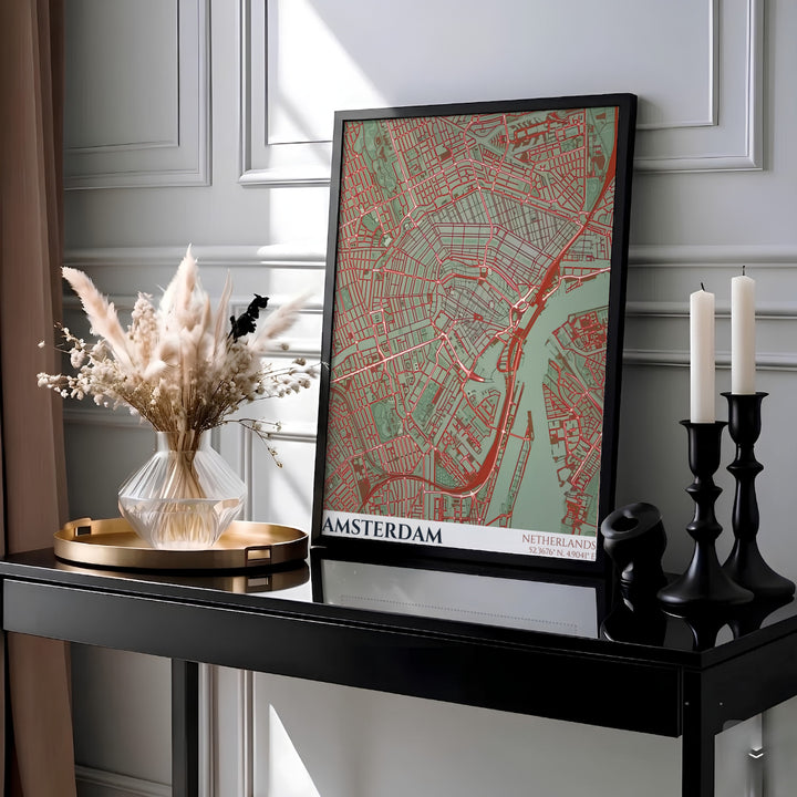 Modern sage green and red street map wall art of Amsterdam Netherlands highlighting urban transport lines and geographic coordinates, available at MapYourDreams as a high-quality unframed paper print, a durable gallery wrapped canvas, or a sleek custom framed art piece for living room decor.