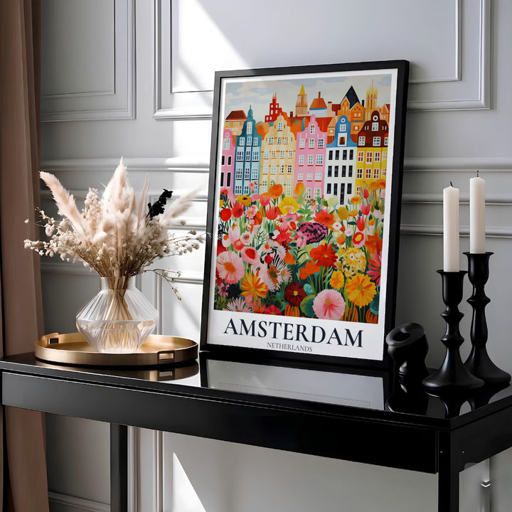 Pastel Dutch architecture and flower garden wall art of Amsterdam Netherlands, available at MapYourDreams as a high-quality unframed paper print, a durable gallery wrapped canvas, or a sleek custom framed art piece designed to brighten breakfast nooks and dining areas.