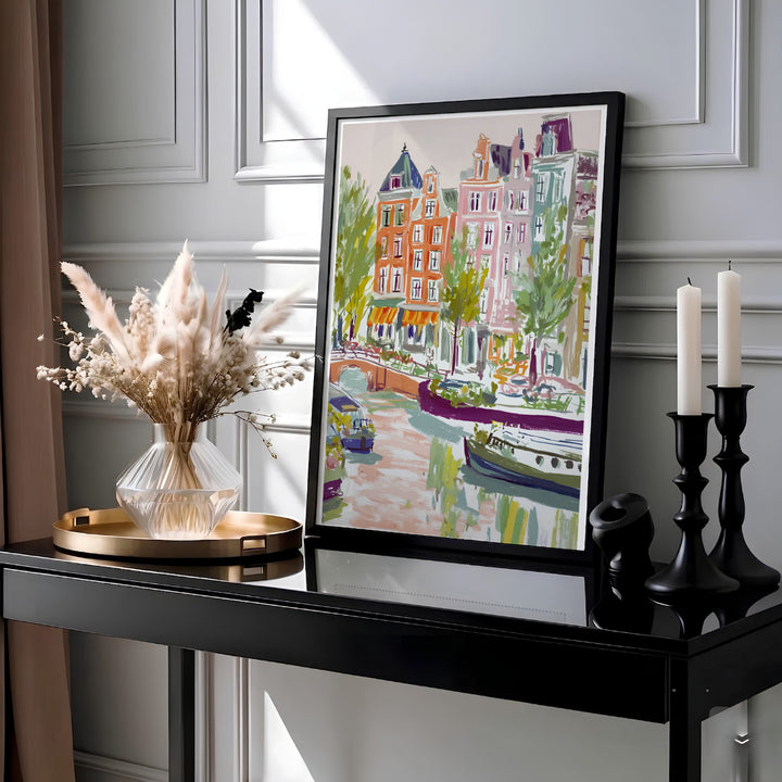 Soft pastel Dutch cityscape and canal wall art of Amsterdam Netherlands, available at MapYourDreams as a high-quality unframed paper print, a durable gallery wrapped canvas, or a sleek custom framed art piece designed to bring serene, artistic elegance to living room walls.