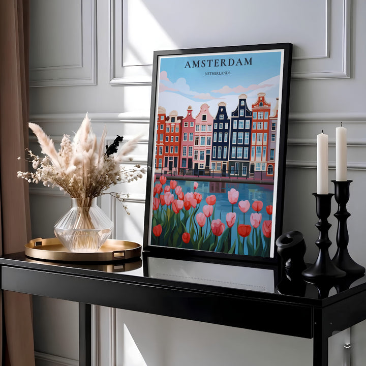 Clean vector illustration poster depicting historic step-gable architecture and pink tulips in Amsterdam, provided by MapYourDreams in flexible choices including unframed fine art paper, stretched canvas, or custom frames in black, white, wood, pure gold, and silver.