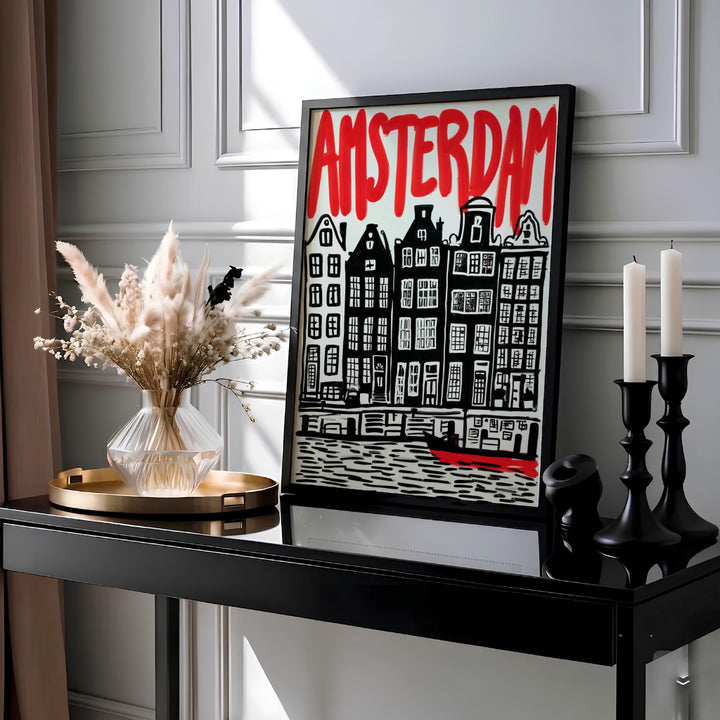 Mid-century exhibition style Dutch canal houses poster with high-contrast red and black linocut textures of Amsterdam, presented by MapYourDreams as a high-quality unframed paper print, a durable gallery wrapped canvas, or a sleek custom framed art piece designed for office walls.