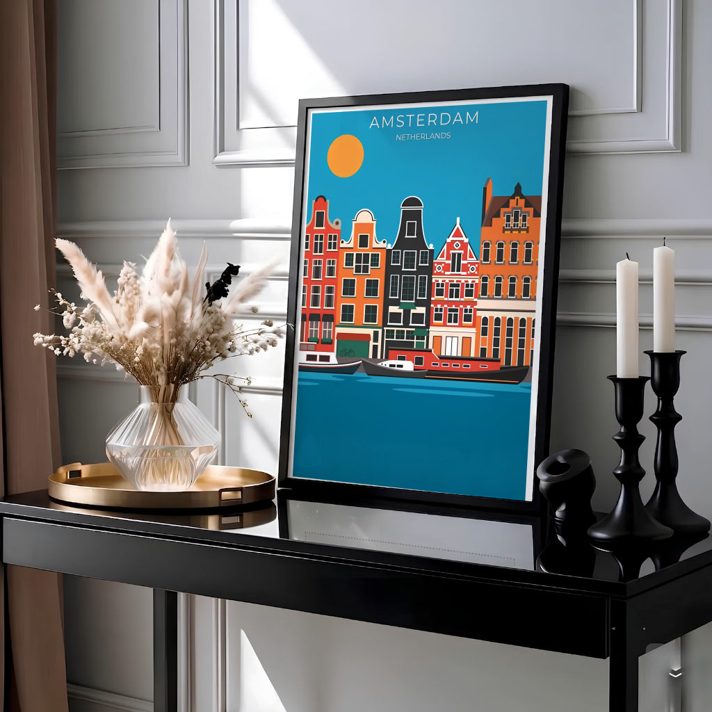 Mid-century retro style Dutch canal houses poster featuring bold cyan sky and terracotta architecture of Amsterdam, offered by MapYourDreams as a high-quality unframed paper print, a durable gallery wrapped canvas, or a sleek custom framed art piece designed to bring warmth to bedroom walls.