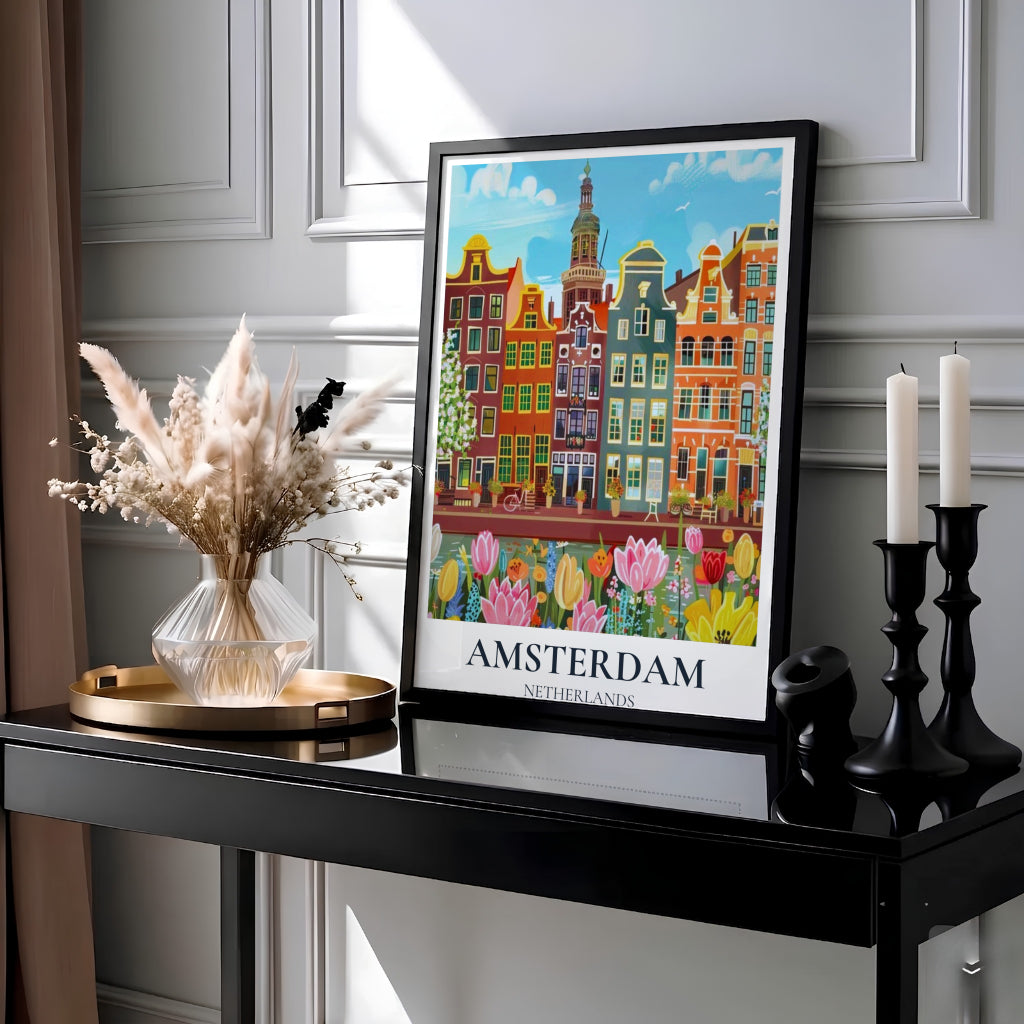Painterly Dutch canal house poster featuring a foreground of spring tulips and cherry blossoms under a bright blue sky in Amsterdam, offered by MapYourDreams as an unframed print, a ready-to-hang gallery canvas, or custom framed wall art tailored for romantic bedroom wall styling.