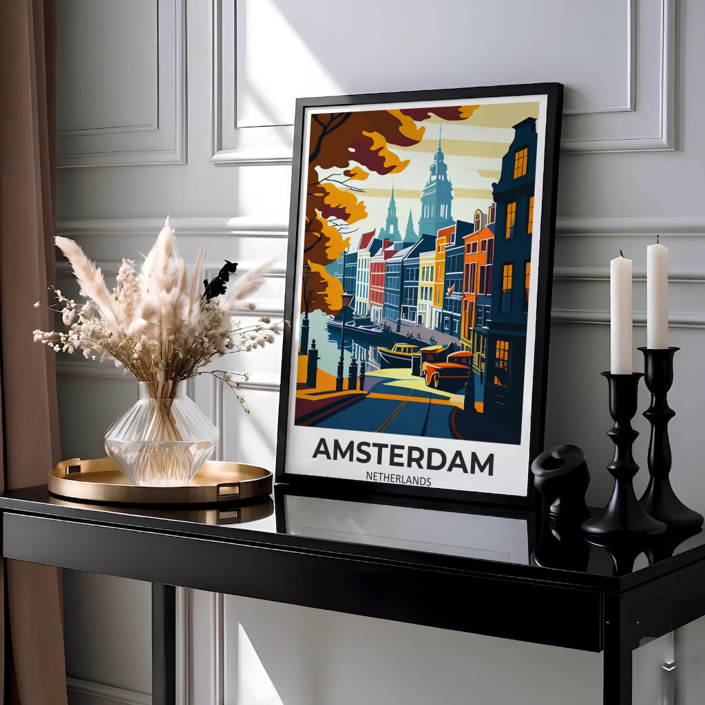 Mid-century European cityscape poster featuring golden autumn trees, streetlamps, and classic townhouses in Amsterdam, crafted by MapYourDreams with options available for an unframed paper print, a ready-to-hang gallery canvas, or custom framed wall art tailored for home library styling.