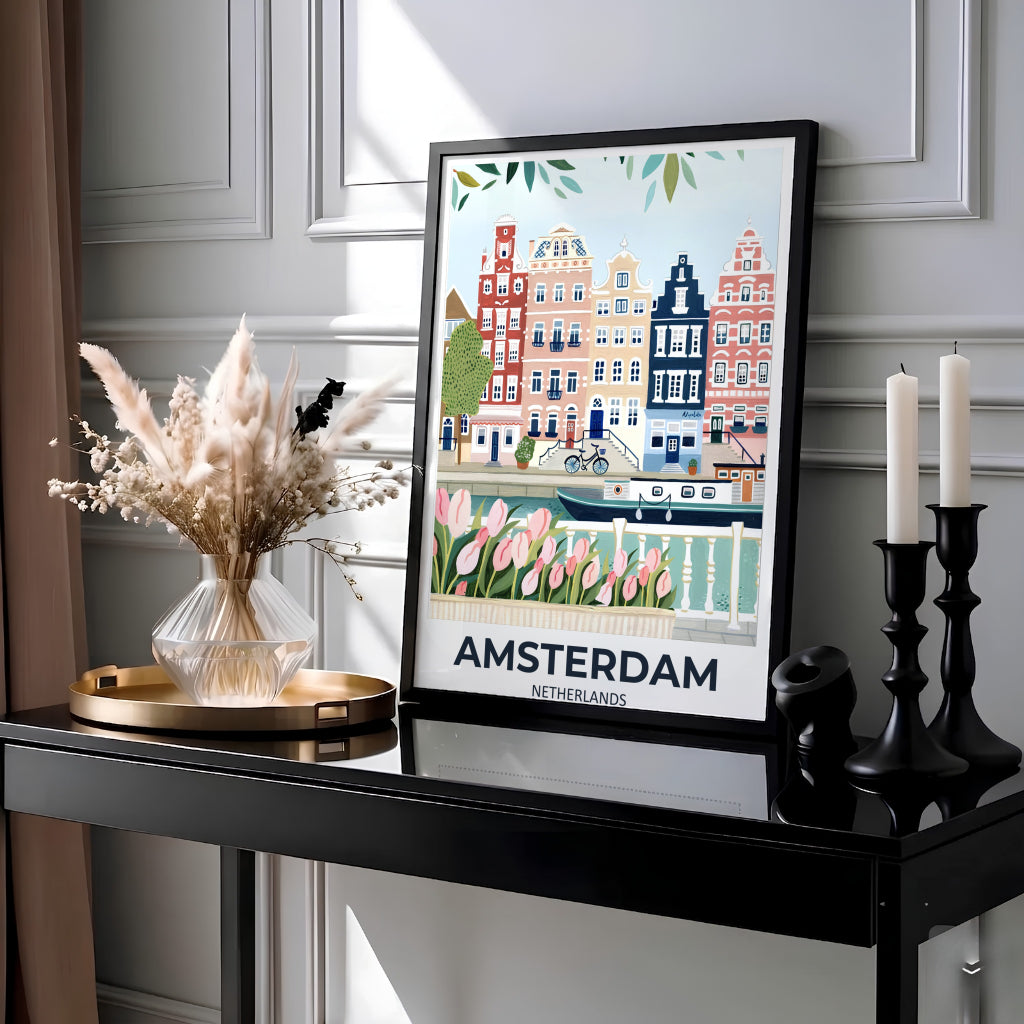 Romantic pastel European travel print displaying delicate pink tulip blooms and peaceful canal water in Amsterdam, presented by MapYourDreams where options include a high-quality unframed poster, a stretched gallery canvas, or a custom framed art piece designed to bring serenity to sunroom walls.