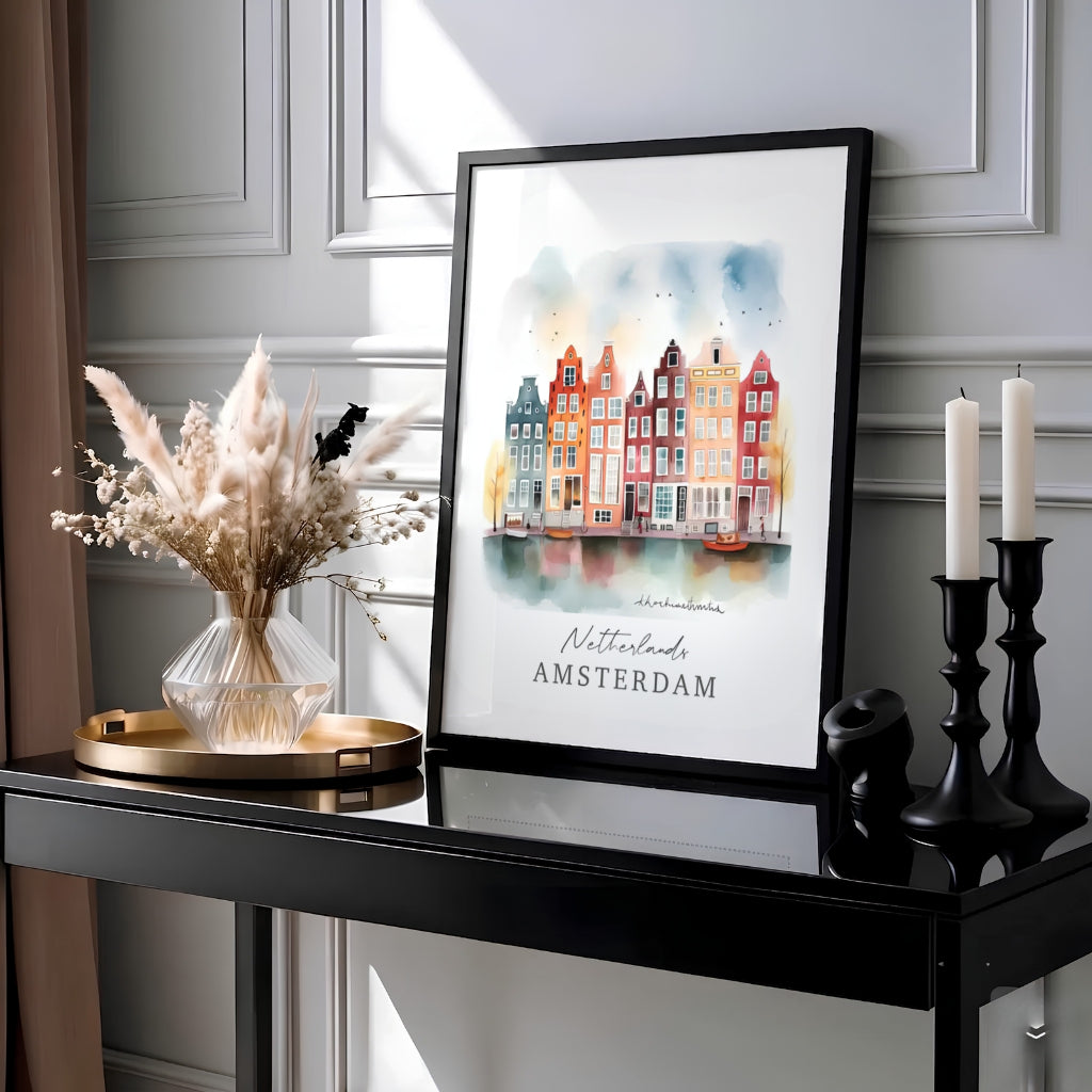 Soft watercolor illustration poster depicting colorful gabled houses and sky washes in Amsterdam, crafted by MapYourDreams with choices available for an unframed paper print, a ready-to-hang gallery canvas, or custom framed wall art designed for storybook and minimalist spaces.