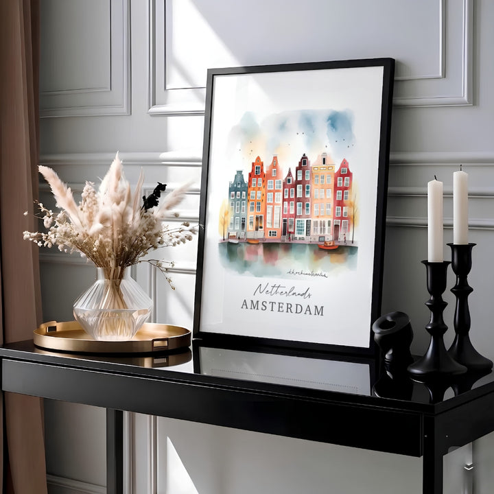 Soft watercolor illustration poster depicting colorful gabled houses and sky washes in Amsterdam, crafted by MapYourDreams with choices available for an unframed paper print, a ready-to-hang gallery canvas, or custom framed wall art designed for storybook and minimalist spaces.